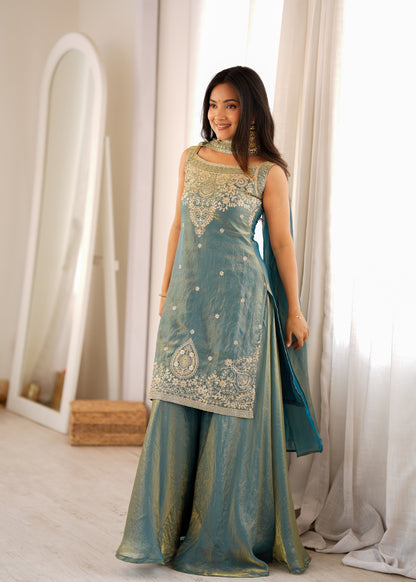 Teal Fendy Silk Embroidered Sharara Suit with Belt Dupatta