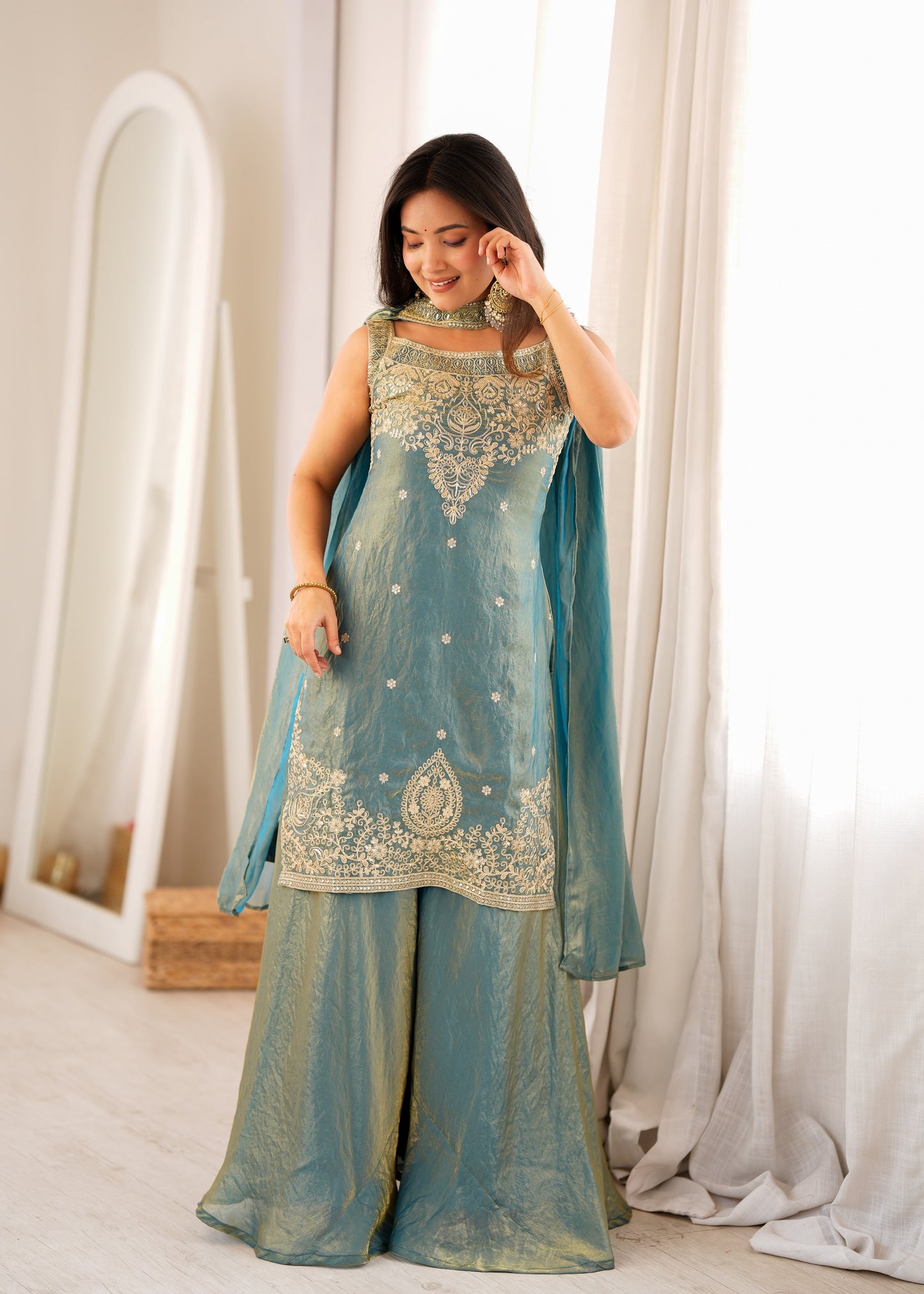 Teal Fendy Silk Embroidered Sharara Suit with Belt Dupatta