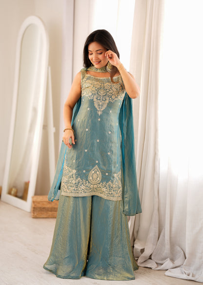 Teal Fendy Silk Embroidered Sharara Suit with Belt Dupatta