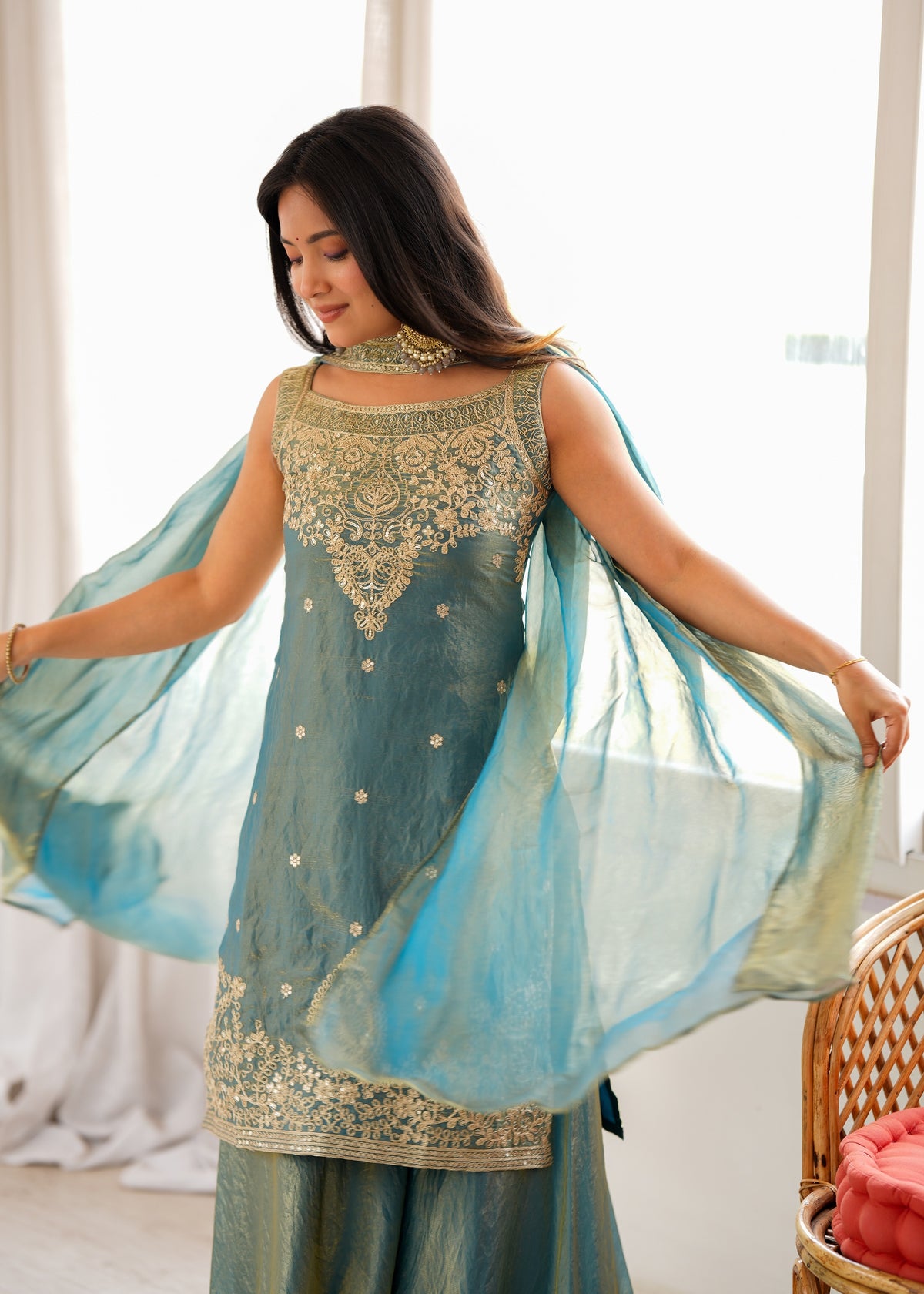 Teal Fendy Silk Embroidered Sharara Suit with Belt Dupatta