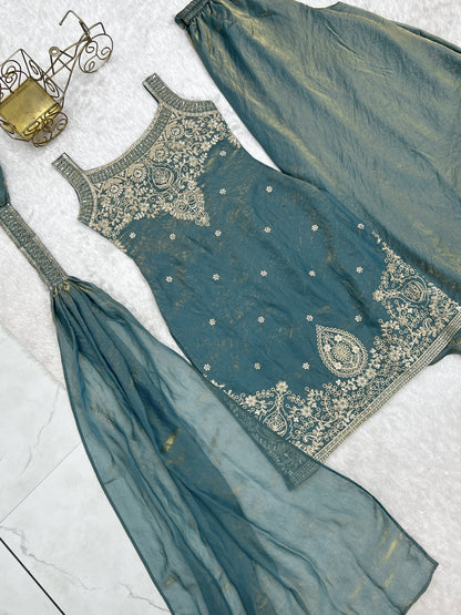 Teal Fendy Silk Embroidered Sharara Suit with Belt Dupatta