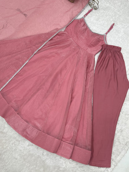 dusty pink Crunchy Silk Swarovski Anarkali Suit Set