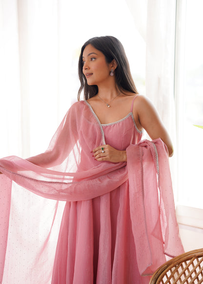 dusty pink Crunchy Silk Swarovski Anarkali Suit Set
