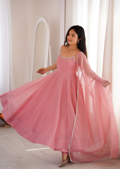 dusty pink Crunchy Silk Swarovski Anarkali Suit Set