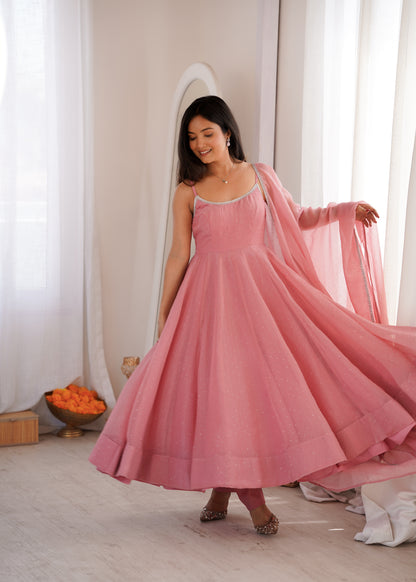 dusty pink Crunchy Silk Swarovski Anarkali Suit Set