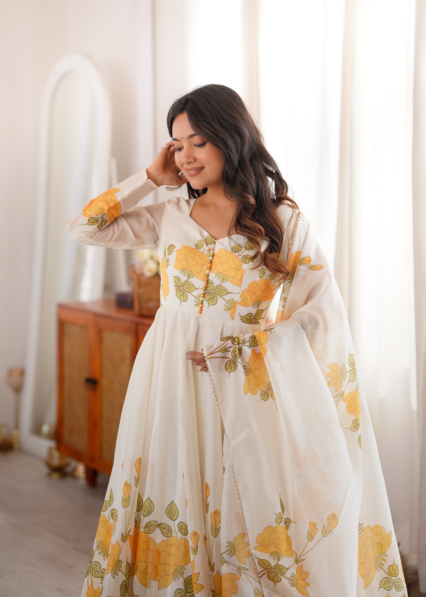Ivory Floral Print Organza Silk Anarkali Gown with Gota Patti Dupatta