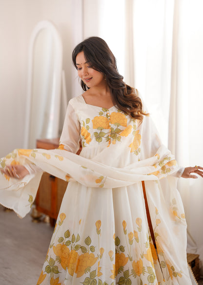 Ivory Floral Print Organza Silk Anarkali Gown with Gota Patti Dupatta