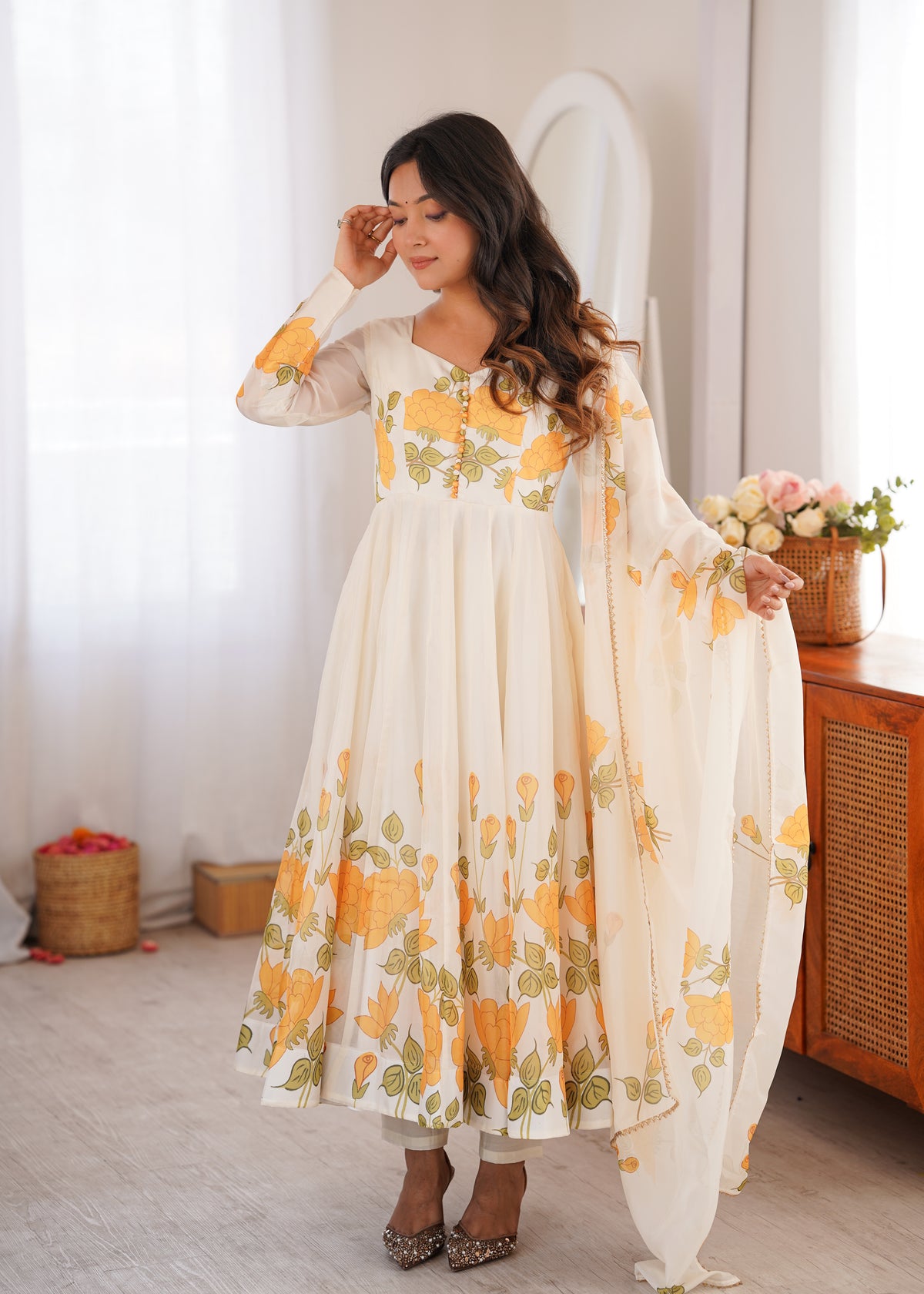 Ivory Floral Print Organza Silk Anarkali Gown with Gota Patti Dupatta