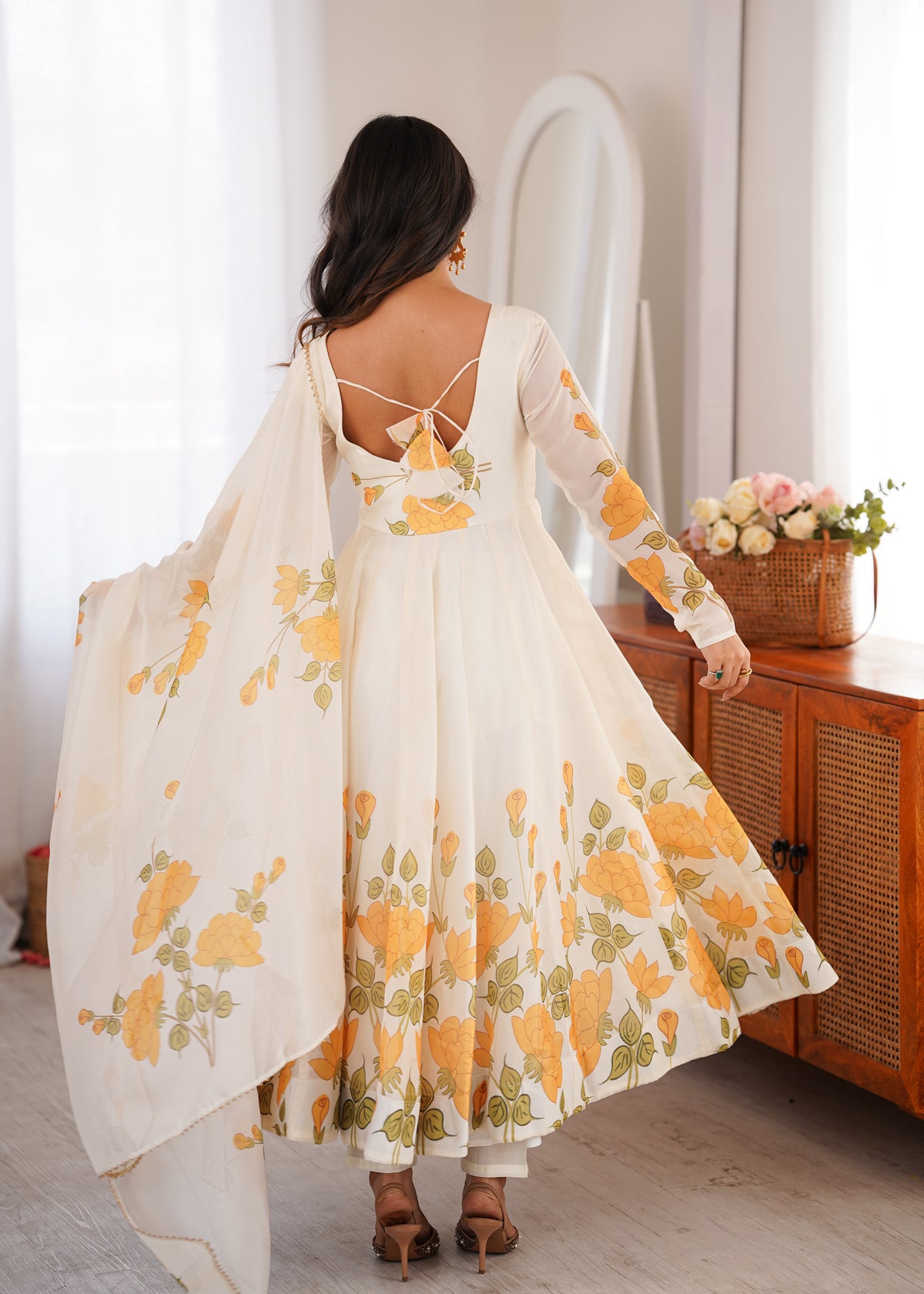 Ivory Floral Print Organza Silk Anarkali Gown with Gota Patti Dupatta