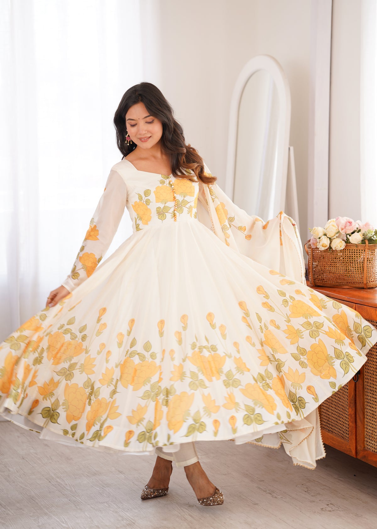 Ivory Floral Print Organza Silk Anarkali Gown with Gota Patti Dupatta