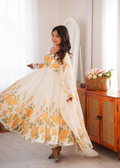 Ivory Floral Print Organza Silk Anarkali Gown with Gota Patti Dupatta