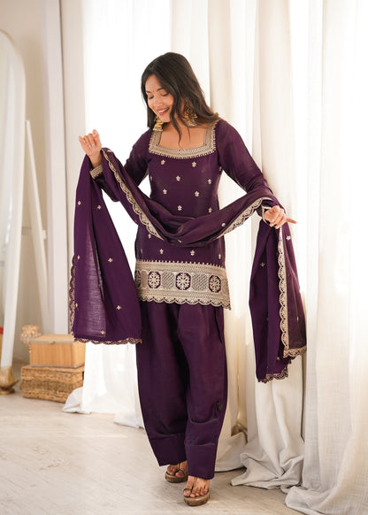 Dark Purple Glass Roman Silk Embroidered Farshi Shalwar Suit with Dupatta