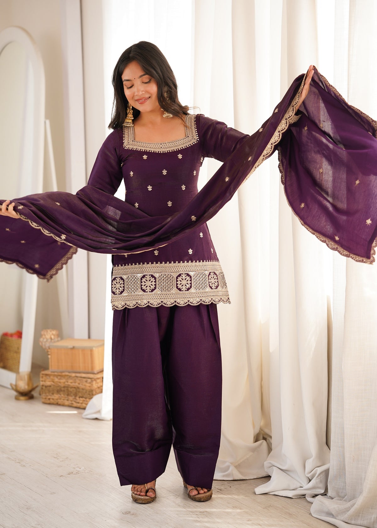 Dark Purple Glass Roman Silk Embroidered Farshi Shalwar Suit with Dupatta