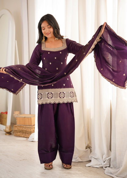 Dark Purple Glass Roman Silk Embroidered Farshi Shalwar Suit with Dupatta