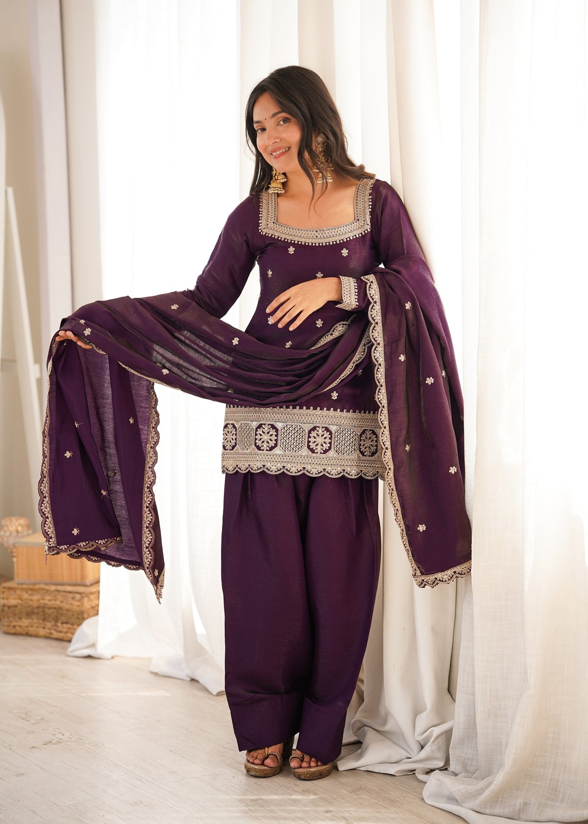 Dark Purple Glass Roman Silk Embroidered Farshi Shalwar Suit with Dupatta