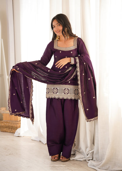 Dark Purple Glass Roman Silk Embroidered Farshi Shalwar Suit with Dupatta
