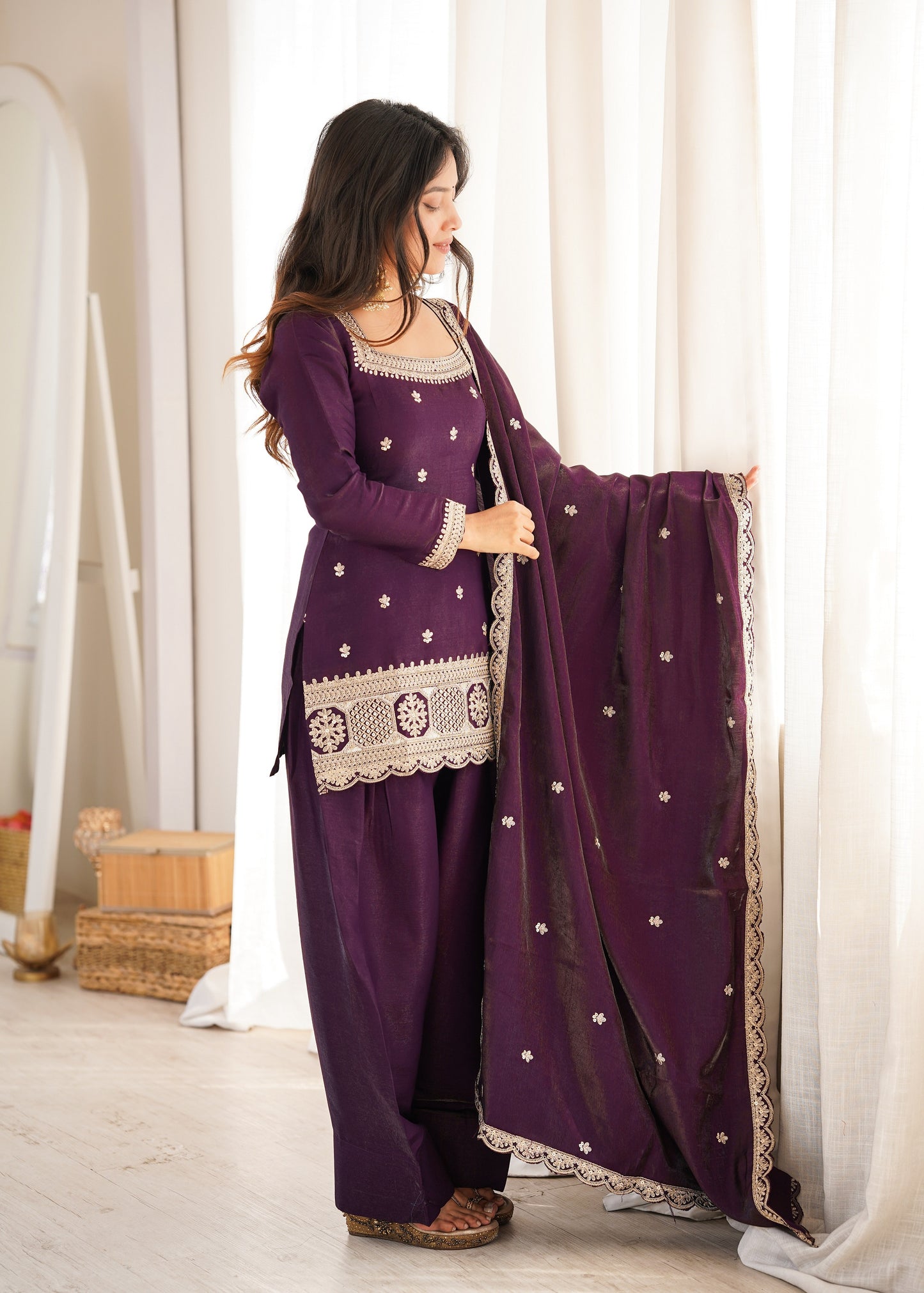 Dark Purple Glass Roman Silk Embroidered Farshi Shalwar Suit with Dupatta