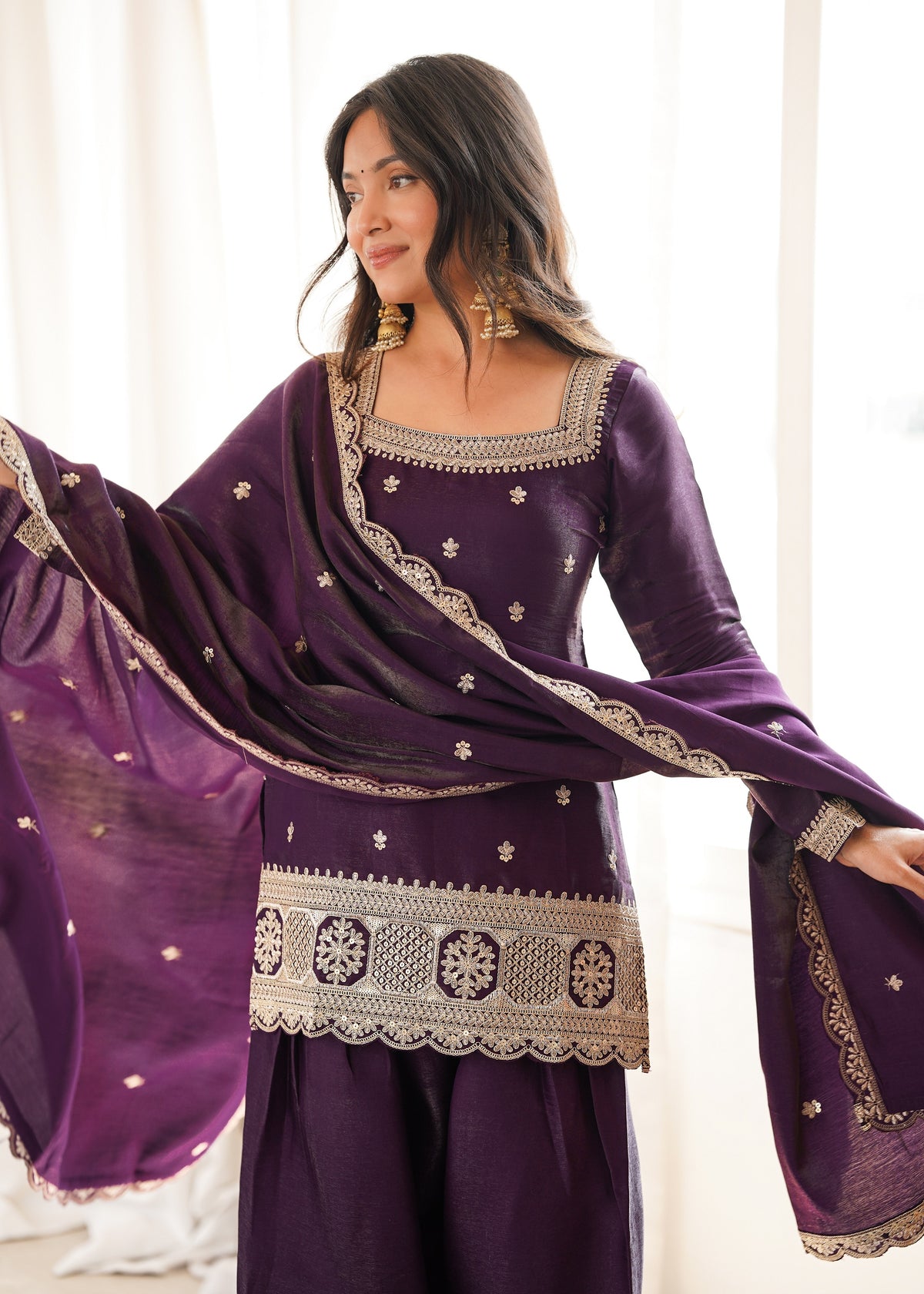Dark Purple Glass Roman Silk Embroidered Farshi Shalwar Suit with Dupatta