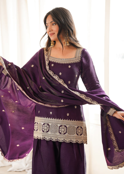 Dark Purple Glass Roman Silk Embroidered Farshi Shalwar Suit with Dupatta
