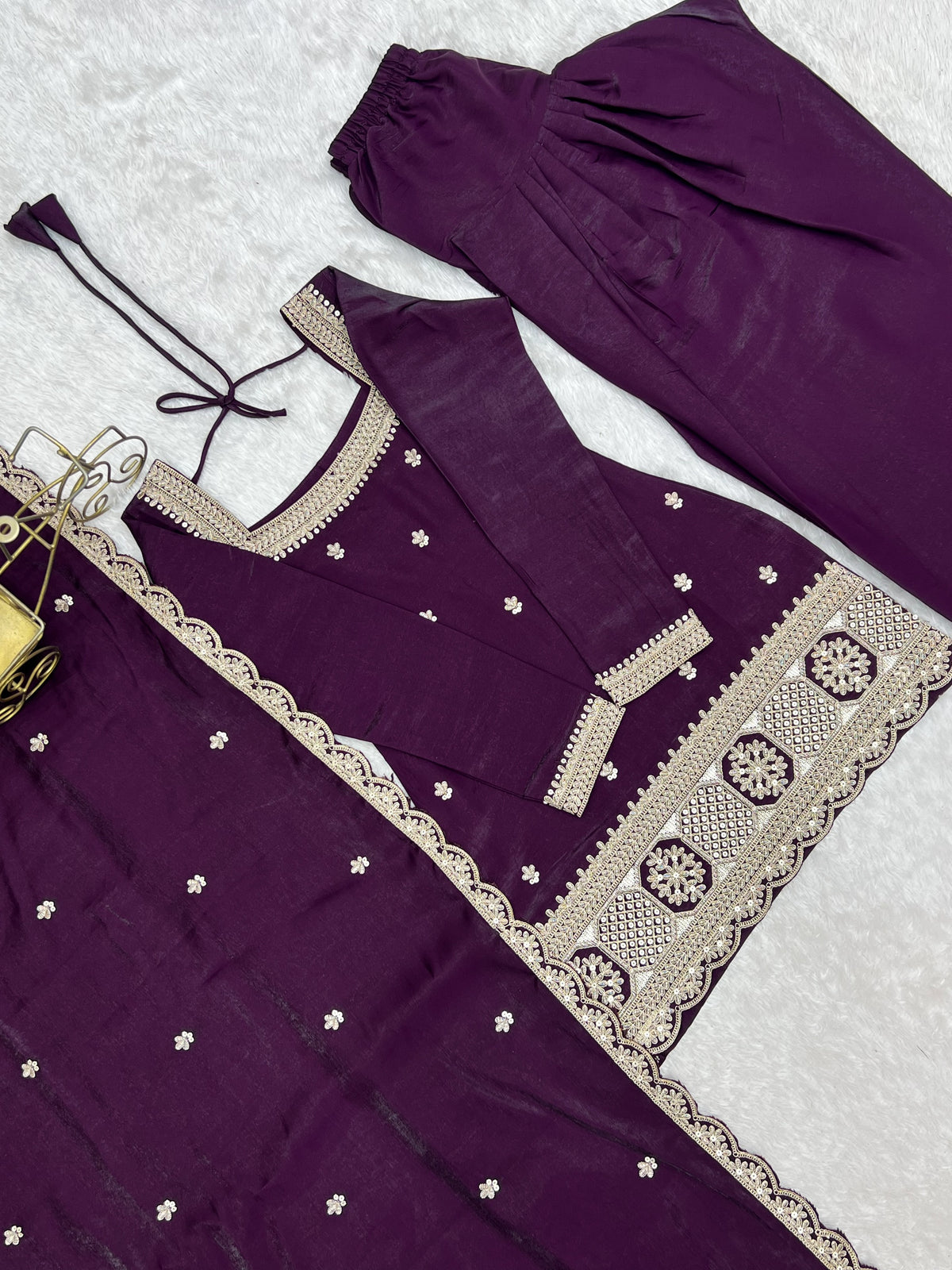 Dark Purple Glass Roman Silk Embroidered Farshi Shalwar Suit with Dupatta
