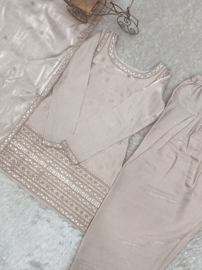 Beige Glass Roman Silk Embroidered Farshi Shalwar Suit with Dupatta
