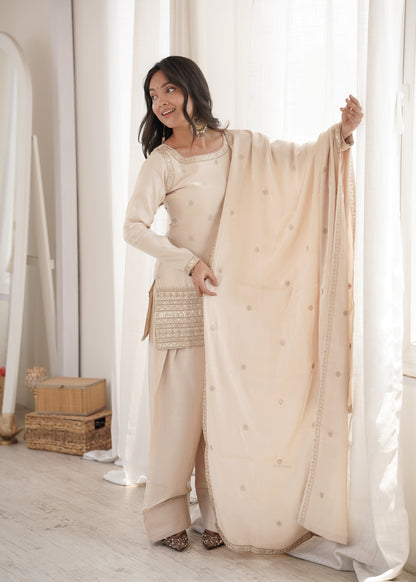 Beige Glass Roman Silk Embroidered Farshi Shalwar Suit with Dupatta