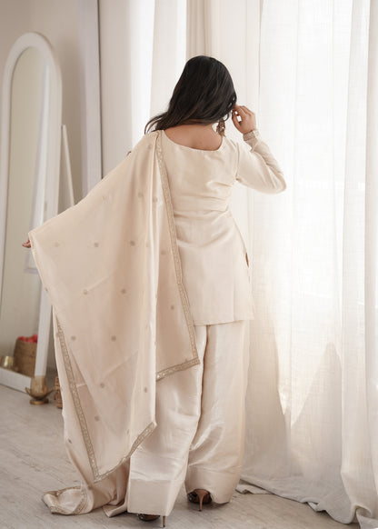 Beige Glass Roman Silk Embroidered Farshi Shalwar Suit with Dupatta