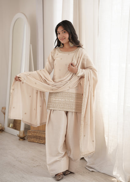 Beige Glass Roman Silk Embroidered Farshi Shalwar Suit with Dupatta