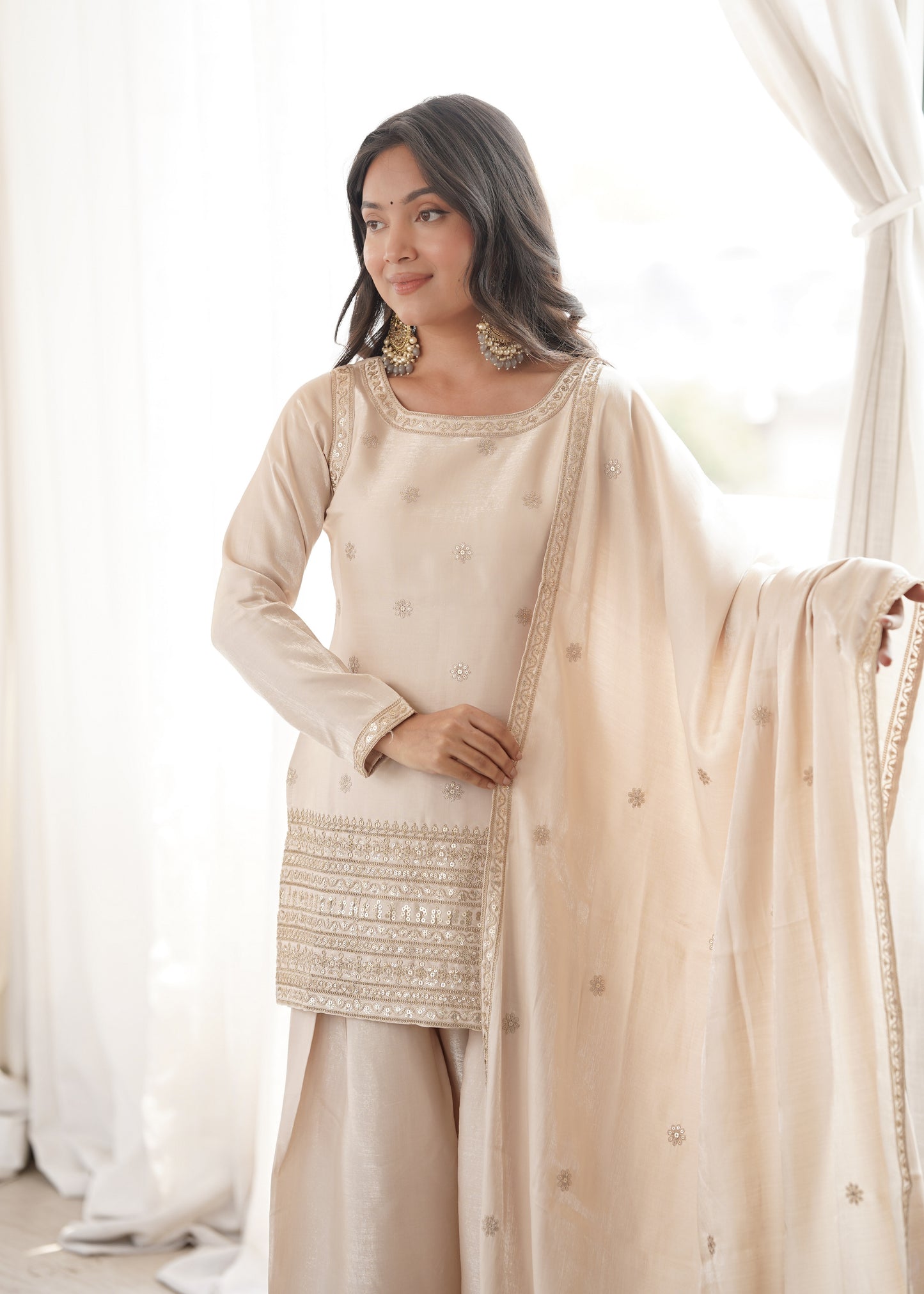 Beige Glass Roman Silk Embroidered Farshi Shalwar Suit with Dupatta