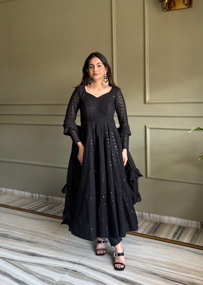 Black Fox Georgette Lucknowi Sequins & Thread Work Anarkali Gown with Ruffle Dupatta