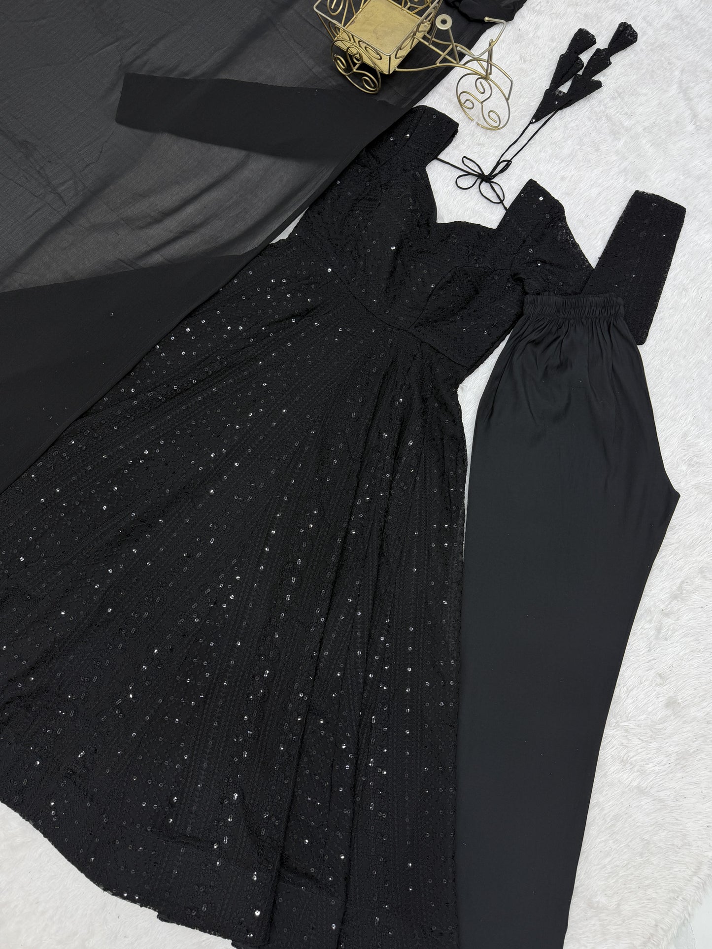Black Fox Georgette Lucknowi Sequins & Thread Work Anarkali Gown with Ruffle Dupatta