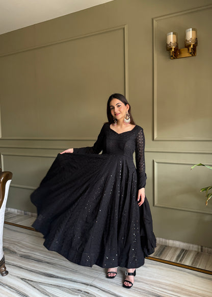 Black Fox Georgette Lucknowi Sequins & Thread Work Anarkali Gown with Ruffle Dupatta