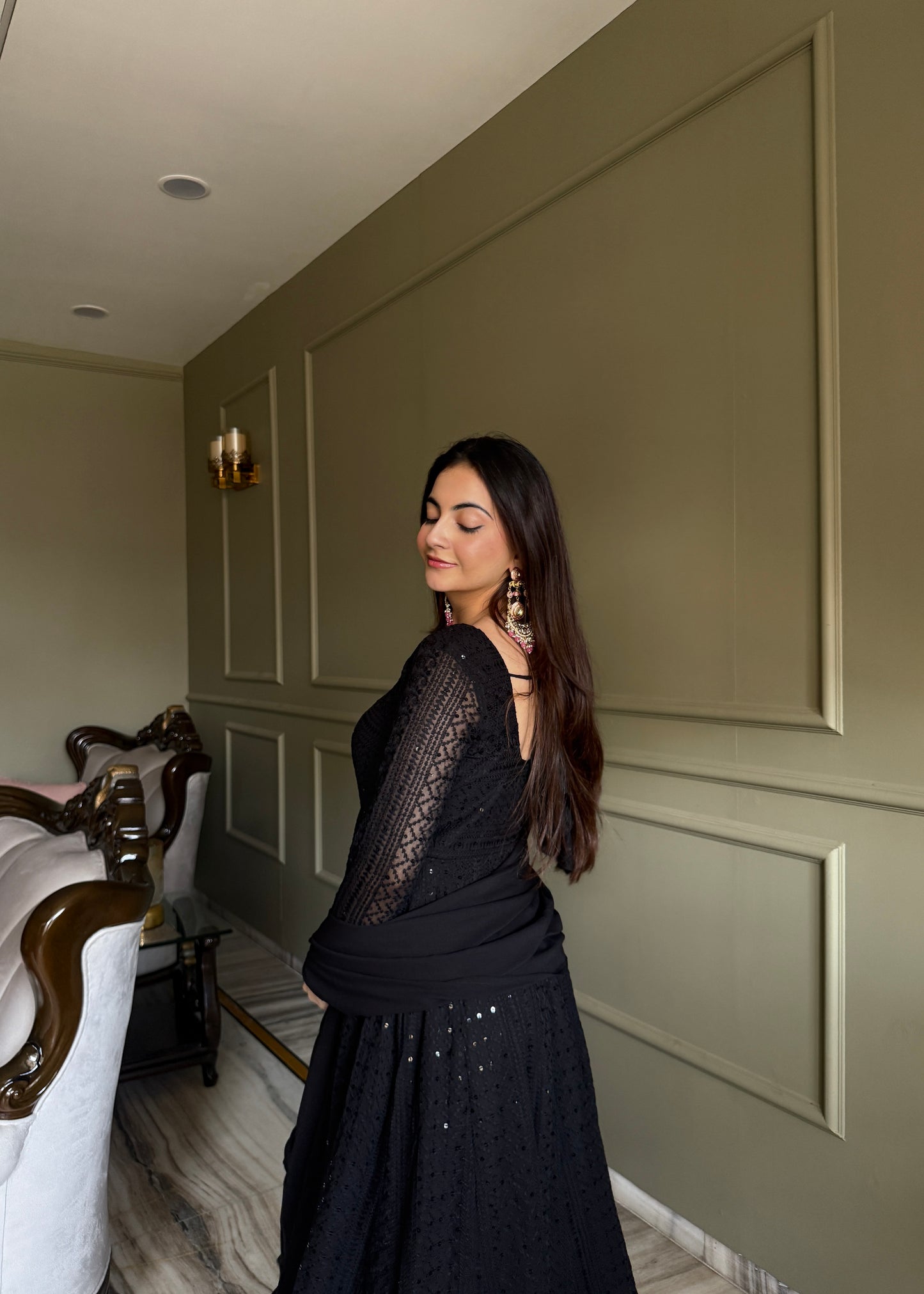 Black Fox Georgette Lucknowi Sequins & Thread Work Anarkali Gown with Ruffle Dupatta