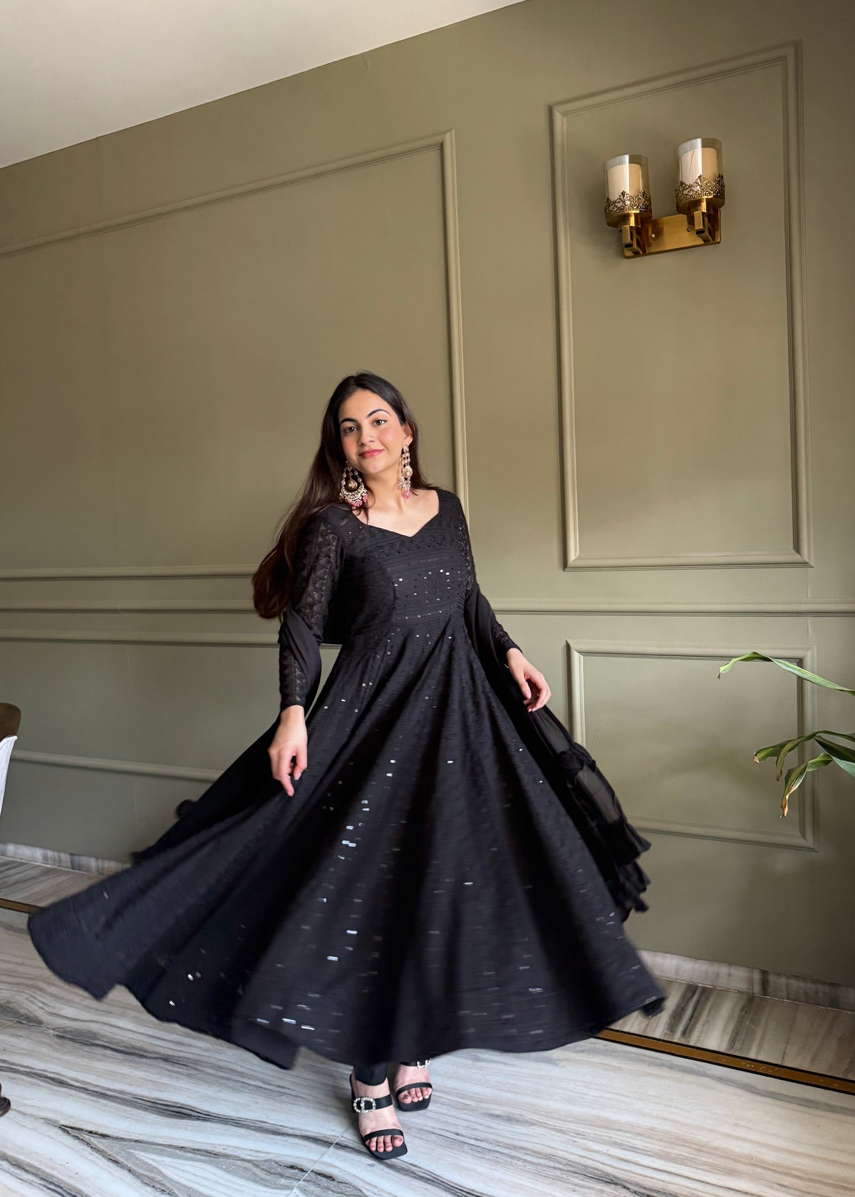 Black Fox Georgette Lucknowi Sequins & Thread Work Anarkali Gown with Ruffle Dupatta