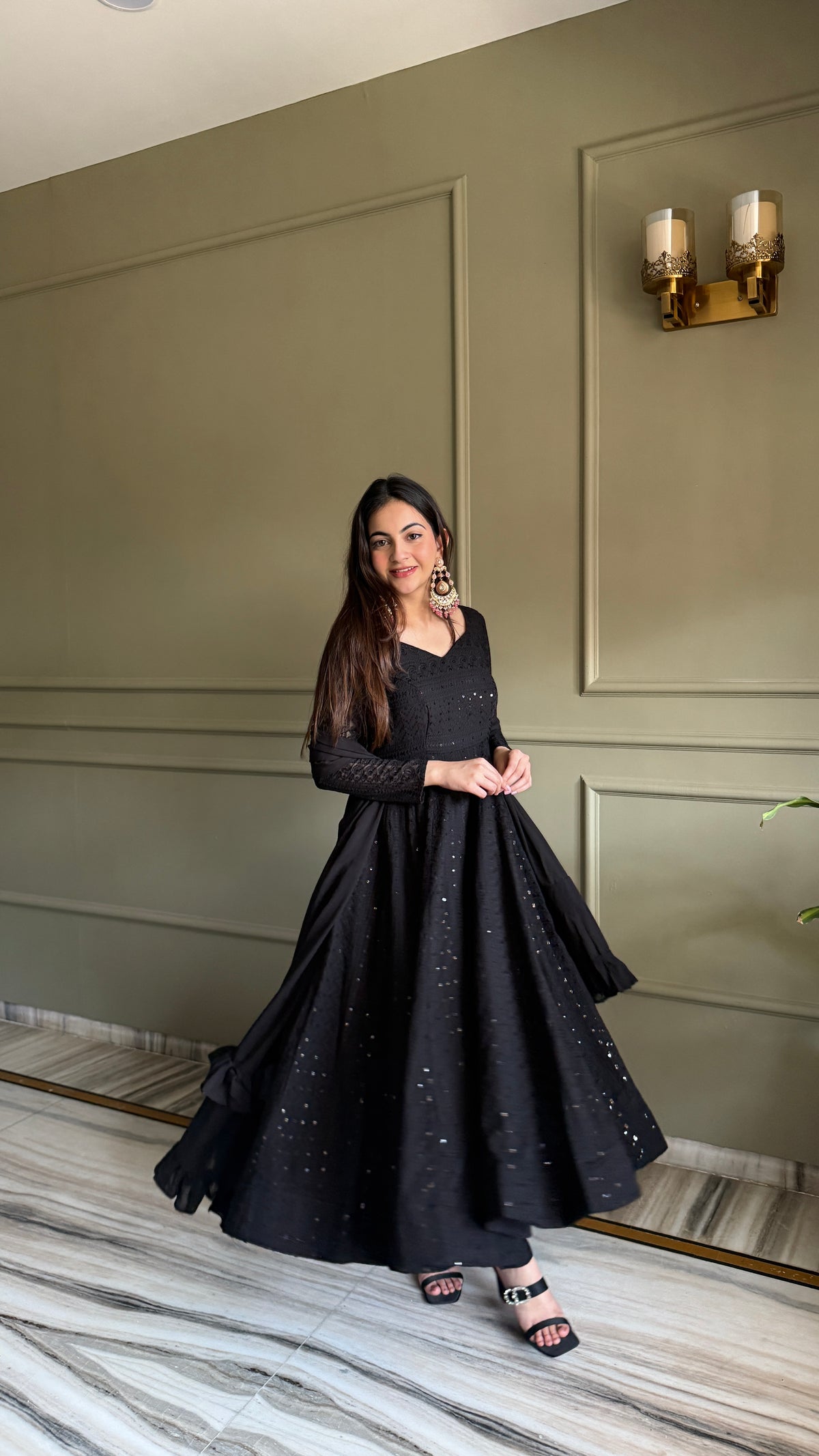 Black Fox Georgette Lucknowi Sequins & Thread Work Anarkali Gown with Ruffle Dupatta