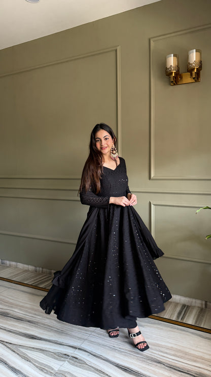 Black Fox Georgette Lucknowi Sequins & Thread Work Anarkali Gown with Ruffle Dupatta