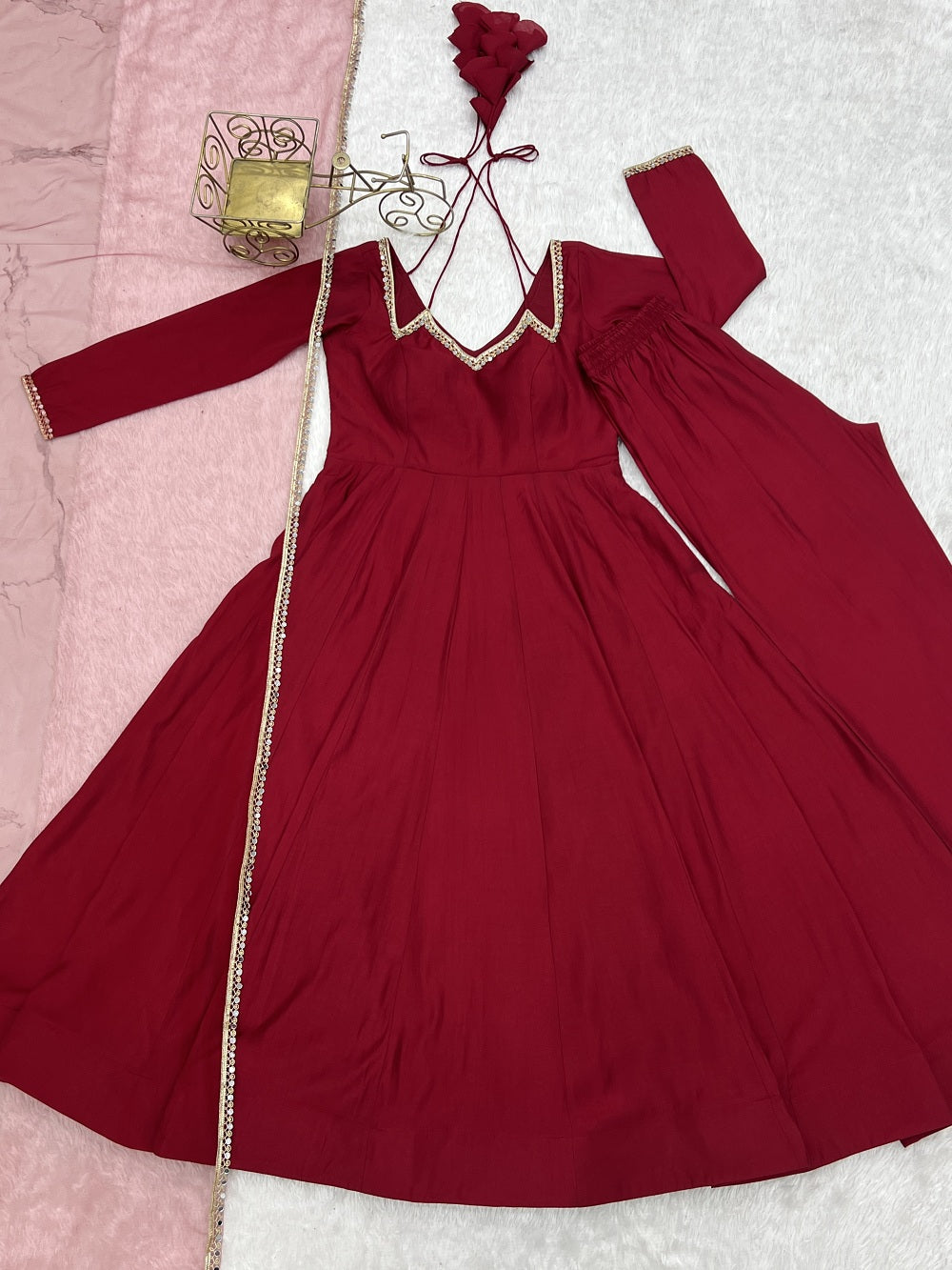 Red Roman Silk Chanderi Anarkali Suit with Mirror Lace Dupatta
