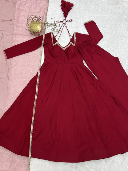 Red Roman Silk Chanderi Anarkali Suit with Mirror Lace Dupatta
