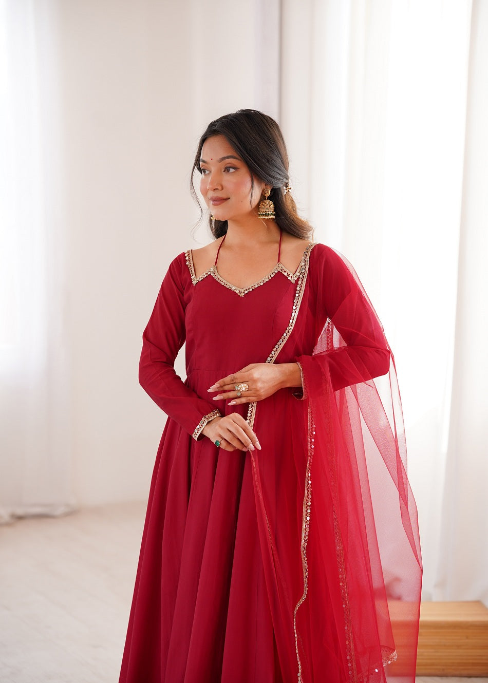 Red Roman Silk Chanderi Anarkali Suit with Mirror Lace Dupatta
