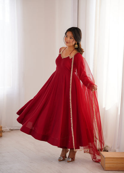 Red Roman Silk Chanderi Anarkali Suit with Mirror Lace Dupatta