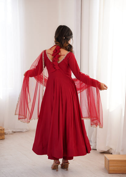 Red Roman Silk Chanderi Anarkali Suit with Mirror Lace Dupatta