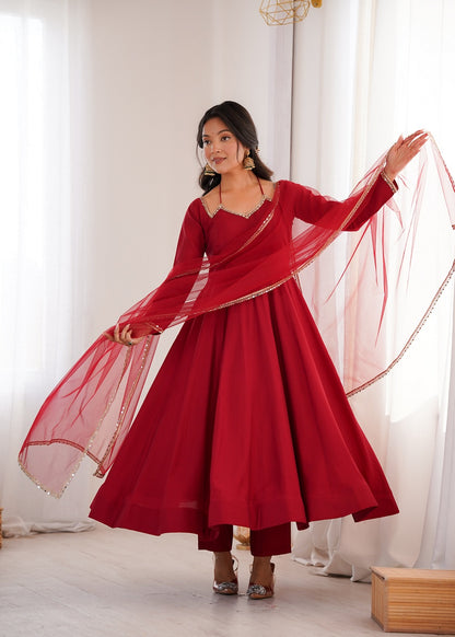 Red Roman Silk Chanderi Anarkali Suit with Mirror Lace Dupatta