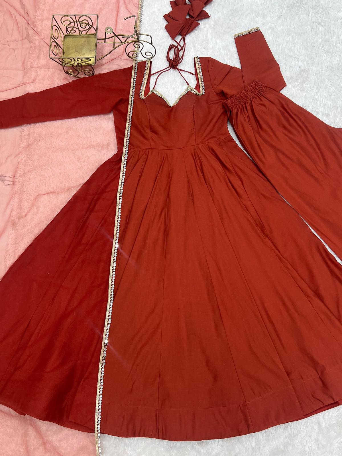 Rust Roman Silk Chanderi Anarkali Suit with Mirror Lace Dupatta
