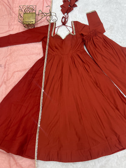 Rust Roman Silk Chanderi Anarkali Suit with Mirror Lace Dupatta