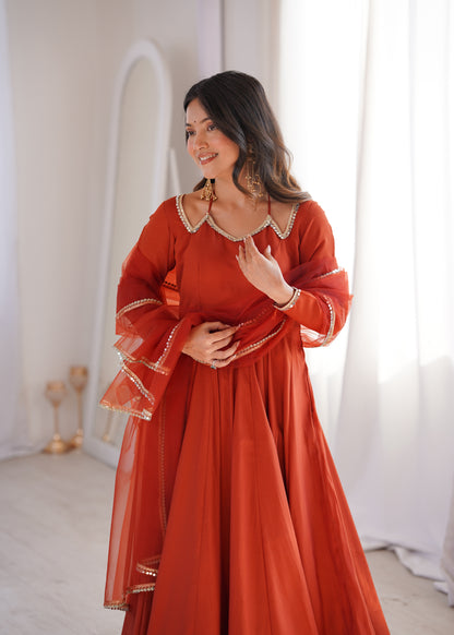 Rust Roman Silk Chanderi Anarkali Suit with Mirror Lace Dupatta