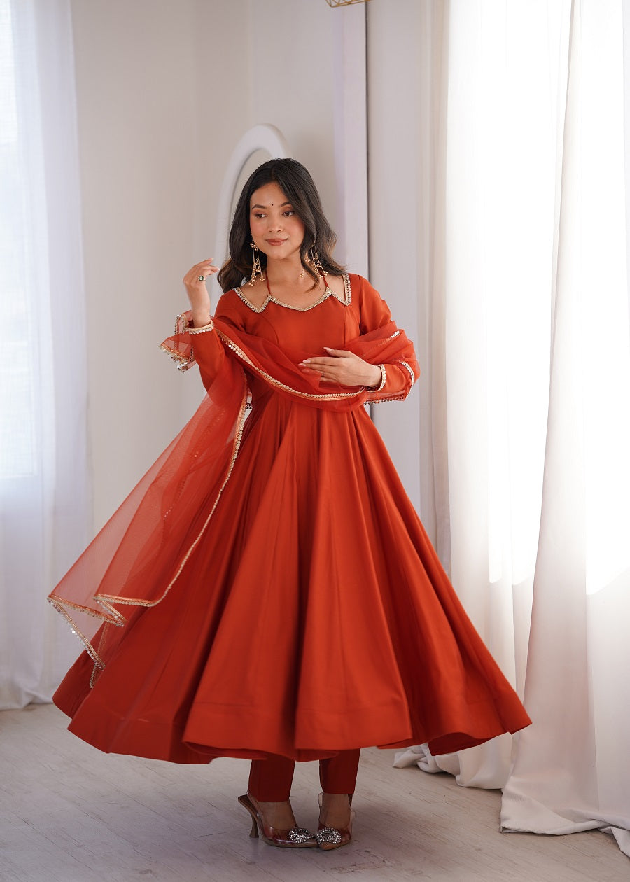 Rust Roman Silk Chanderi Anarkali Suit with Mirror Lace Dupatta