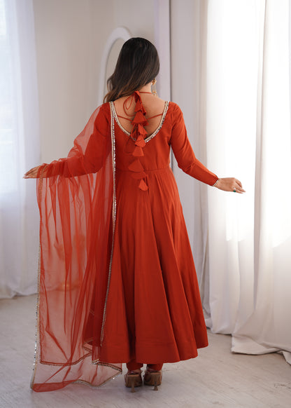 Rust Roman Silk Chanderi Anarkali Suit with Mirror Lace Dupatta