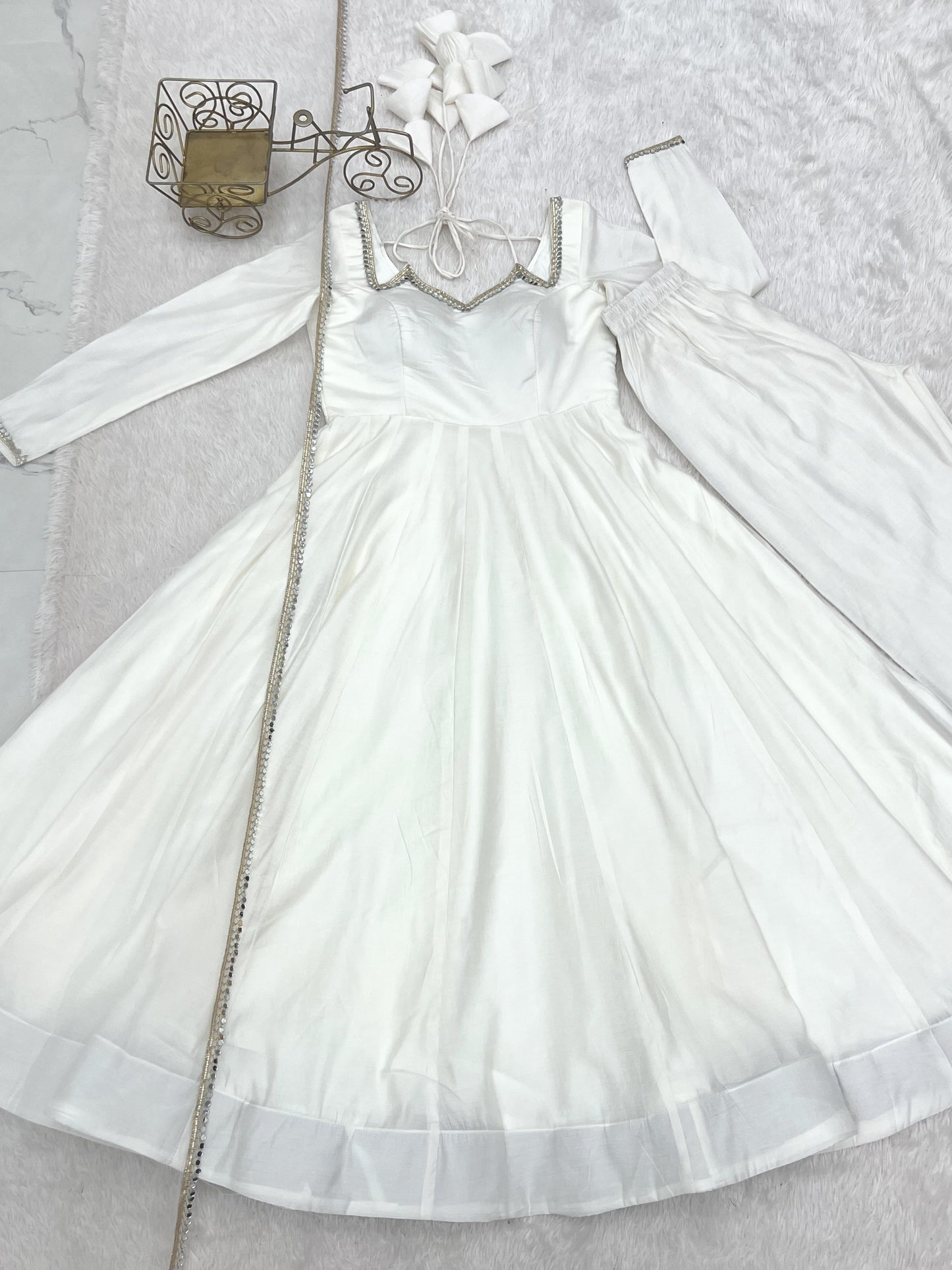 White Roman Silk Chanderi Anarkali Suit with Mirror Lace Dupatta