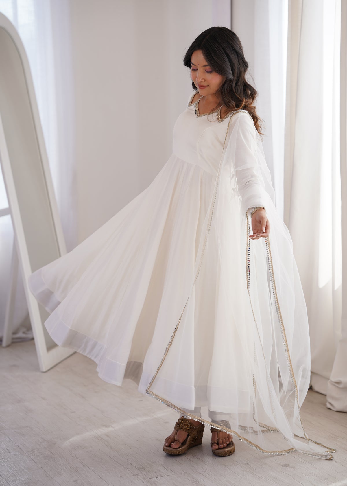 White Roman Silk Chanderi Anarkali Suit with Mirror Lace Dupatta