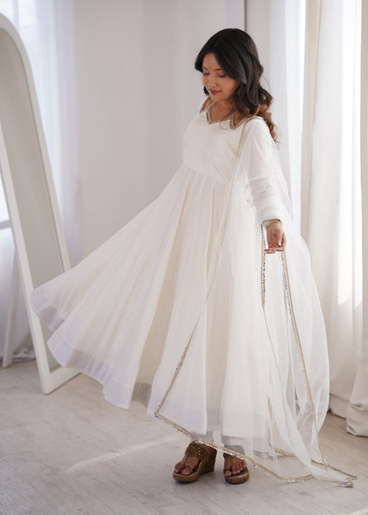 White Roman Silk Chanderi Anarkali Suit with Mirror Lace Dupatta